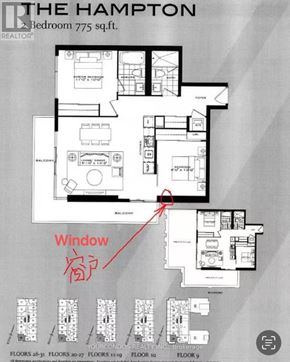 Toronto (Bay Street Corridor) condo for rent - A floor plan of a 775 sq.ft. bedroom is shown with a window highlighted.
