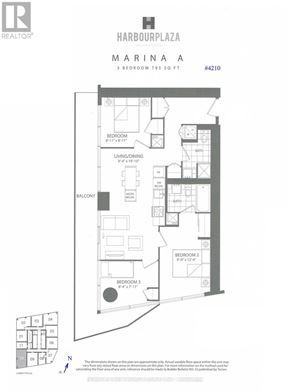 Toronto (Waterfront Communities) condo for rent - A floor plan for a 3 bedroom apartment at Harbourplaza Marina.