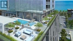 Burlington (Brant) condo for rent - A modern building with a pool and lounge area on the roof.