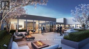 Toronto (South Riverdale) condo for rent - A modern building with people walking around and sitting on the patio.