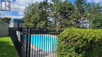 London South (South T) condo for rent - A pool surrounded by a black fence and green bushes.