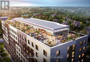 Brantford condo for rent - A rendering of a multi-story building with a rooftop terrace.