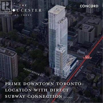 Toronto (Church-Yonge Corridor) condo for rent - An aerial view of a tall building with the text "Prime Downtown Toronto Location with Direct Subway Connection" in front of it.