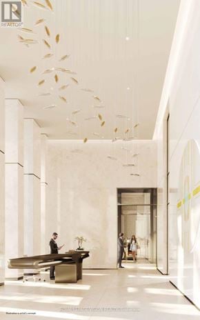 Toronto (Annex) condo for rent - A modern office lobby with people walking and standing.