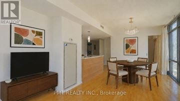 Toronto (Bay Street Corridor) condo for rent - A living room with a TV, a dining table and chairs, and a painting on the wall.