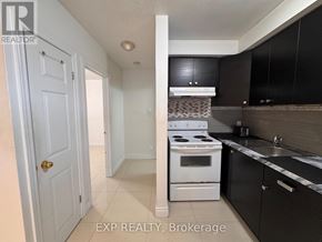 Mississauga (Port Credit) multi-family for rent - A kitchen with black cabinets and a white stove top oven.