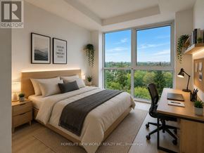 Toronto (Centennial Scarborough) condo for rent - A bedroom with a large bed, a desk with a chair, and a window overlooking a green landscape.