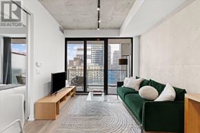 Toronto (Moss Park) condo for rent - A living room with a green couch and a television.