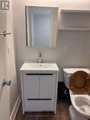 Toronto (Henry Farm) condo for rent - A white sink and cabinet in a small bathroom.