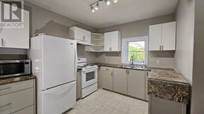 Hamilton (Strathcona) apartment for rent - A kitchen with white appliances and cabinets.