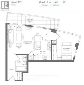 Toronto (Mimico) condo for rent - A floor plan for a Sunset 635 property shows a living area, kitchen, and two bedrooms.