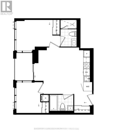 Toronto (Waterfront Communities) condo for rent - A black and white floor plan of a house with a living room, kitchen, and bathroom.