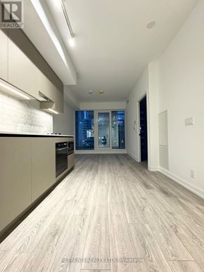 Toronto (Waterfront Communities) condo for rent - A modern kitchen with wooden flooring and white walls.