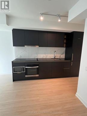 Toronto (Bay Street Corridor) condo for rent - A modern kitchen with dark brown cabinets and a marble backsplash.