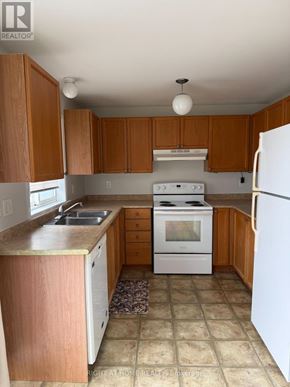 Barrie (Georgian Drive) apartment for rent - A kitchen with white appliances and wooden cabinets.
