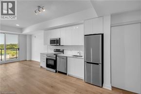 Brantford condo for rent - A modern kitchen with white cabinets and stainless steel appliances.