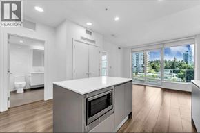 Burnaby apartment for rent - A modern kitchen with a large island and a view of the city.