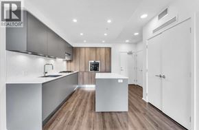 Burnaby apartment for rent - A modern kitchen with a white countertop and wooden flooring.