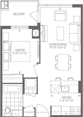 Toronto (Henry Farm) condo for rent - A black and white floor plan of a house with a living room, kitchen, and master bedroom.