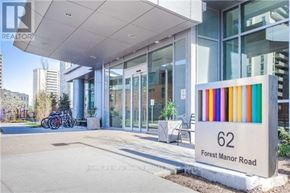 Toronto (Henry Farm) condo for rent - The image shows the front of a building with a sign that reads "62 Forest Manor Road".