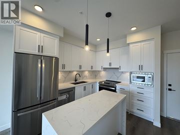 Maple Ridge apartment for rent - A modern kitchen with white cabinets and a marble island.