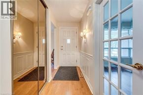 Oakville apartment for rent - A hallway with a white door and a mirror on the wall.