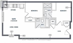 Barrie (Wellington) condo for rent - A floor plan of a house with two bedrooms, a living room, a kitchen, a bathroom, a foyer, and a suite.