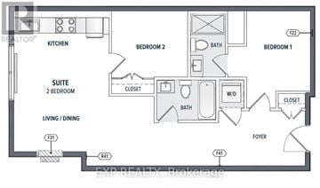 Barrie (Wellington) condo for rent - A floor plan of a house with two bedrooms, a living room, a kitchen, a bathroom, a foyer, and a suite.