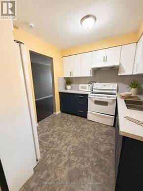 Welland (N. Welland) apartment for rent - A kitchen with a white fridge, black cabinets, and a grey carpet.