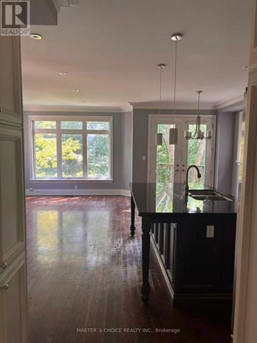 Toronto (Willowdale East) apartment for rent - A kitchen with a black counter top and a window with yellow flowers outside.