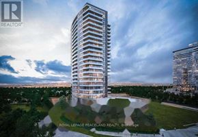 Toronto (Henry Farm) condo for rent - A modern high-rise building with a glass facade is depicted in the image.