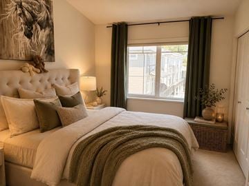 Surrey townhouse for rent - A bedroom with a large bed and a painting of a horse on the wall.