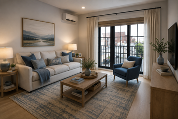 Westbury apartment for rent - A living room with a couch, chair, and a painting on the wall.