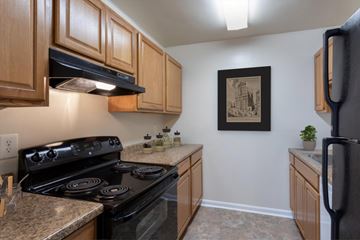 Hyattsville apartment for rent - A kitchen with a black stove top oven and a black refrigerator.