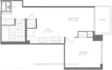 Toronto (Islington-City Centre West) condo for rent - A floor plan of a home with a living room, dining room, kitchen, and two bathrooms.