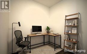 Vaughan (Beverley Glen) condo for rent - A well-lit office space with a desk, chair, and shelving unit.