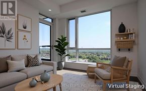 Vaughan (Beverley Glen) condo for rent - A living room with a couch, a chair, a table, and a view of the outdoors through the windows.