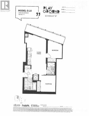 Toronto (Niagara) condo for rent - A black and white image of a floor plan for a two bedroom apartment.