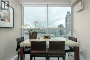 Vancouver apartment for rent - A dining room with a table set for two and a view of the city.