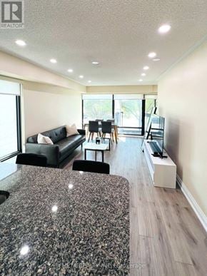 Toronto (Willowridge-Martingrove-Richview) townhouse for rent - A living room with a black couch and a grey rug.