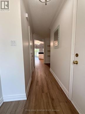 Oakville (Wt West Oak Trails) townhouse for rent - A long hallway with white walls and wood flooring.