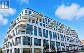Toronto (Englemount-Lawrence) condo for rent - A modern building with a glass facade and a sign that reads "REALTOR".