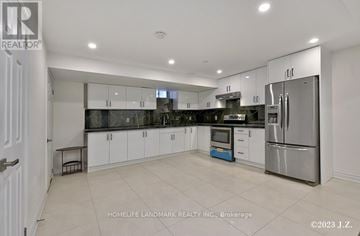Vaughan (Kleinburg) apartment for rent - A modern kitchen with white cabinets and stainless steel appliances.