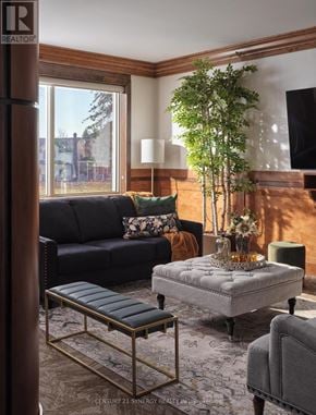 Smiths Falls condo for rent - A living room with a black couch, a grey ottoman, and a tree in a vase.