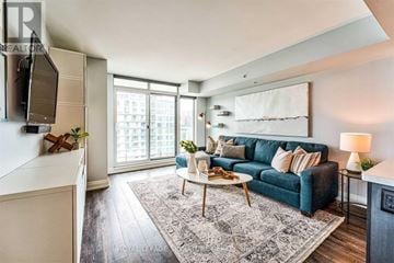 Toronto (Clanton Park) condo for rent - A living room with a blue couch and a white coffee table.