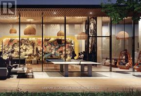 Markham (Unionville) condo for rent - A modern outdoor seating area with a mural on the wall.