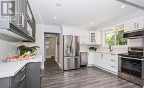 Kitchener apartment for rent - A modern kitchen with stainless steel appliances and white cabinets.