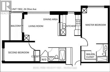 Toronto (Willowdale East) condo for rent - A black and white diagram of a house layout with a living room, dining area, kitchen, two bedrooms, and a walk-in closet.
