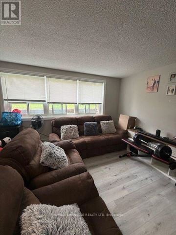 Mississauga (Streetsville) multi-family for rent - A living room with a brown couch and a white rug.