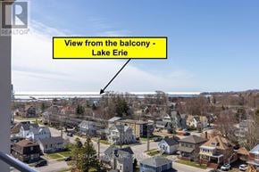 Port Colborne (Sugarloaf) condo for rent - A view from a balcony overlooking a residential area with Lake Erie in the distance.